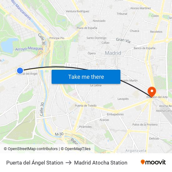 Puerta del Ángel Station to Madrid Atocha Station map