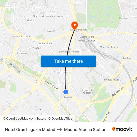 Hotel Gran Legazpi Madrid to Madrid Atocha Station map