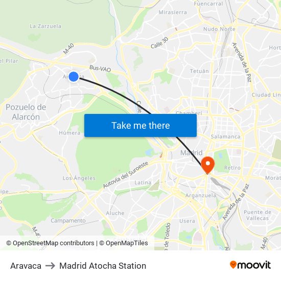 Aravaca to Madrid Atocha Station map