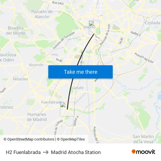 H2 Fuenlabrada to Madrid Atocha Station map