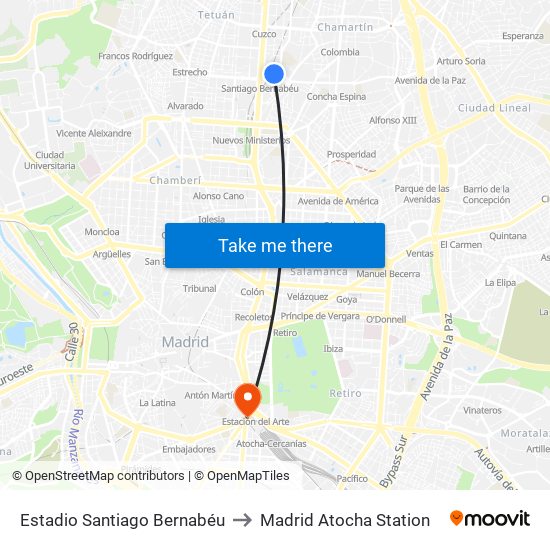 Estadio Santiago Bernabéu to Madrid Atocha Station map