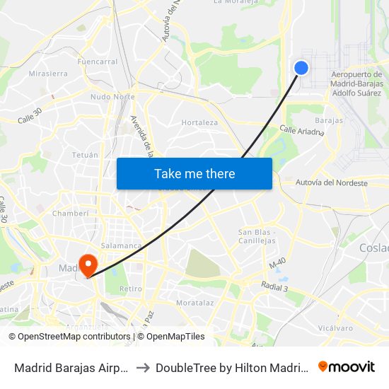 Madrid Barajas Airport T4 to DoubleTree by Hilton Madrid Prado map