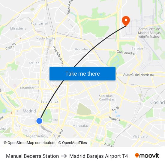 Manuel Becerra Station to Madrid Barajas Airport T4 map