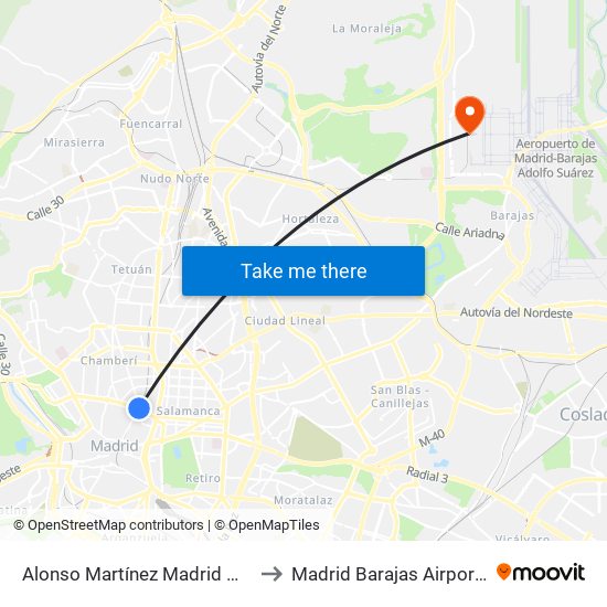 Alonso Martínez Madrid Metro to Madrid Barajas Airport T4 map