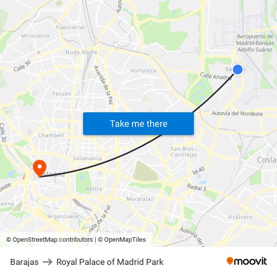 Barajas to Royal Palace of Madrid Park map