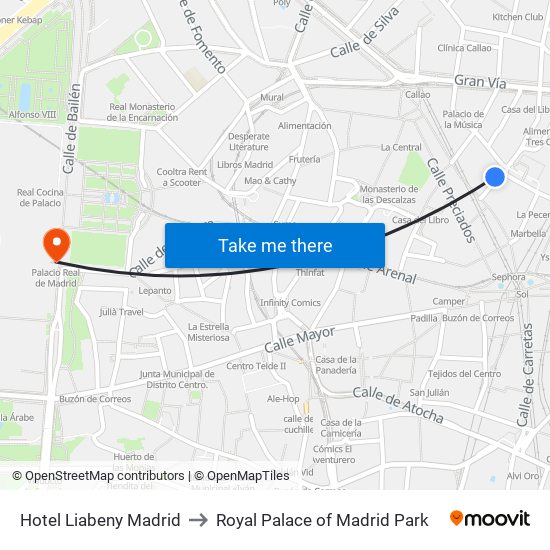 Hotel Liabeny Madrid to Royal Palace of Madrid Park map