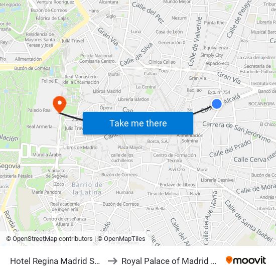 Hotel Regina Madrid Spain to Royal Palace of Madrid Park map