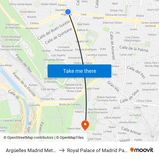 Argüelles Madrid Metro to Royal Palace of Madrid Park map