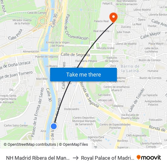 NH Madrid Ribera del Manzanares to Royal Palace of Madrid Park map