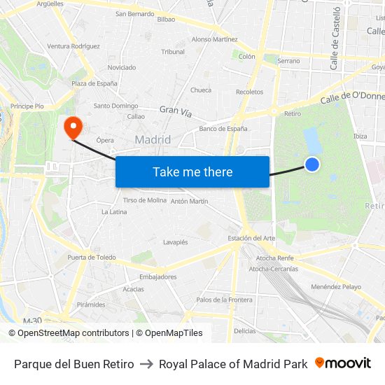 Parque del Buen Retiro to Royal Palace of Madrid Park map