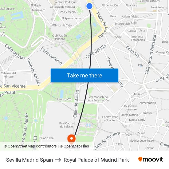 Sevilla Madrid Spain to Royal Palace of Madrid Park map