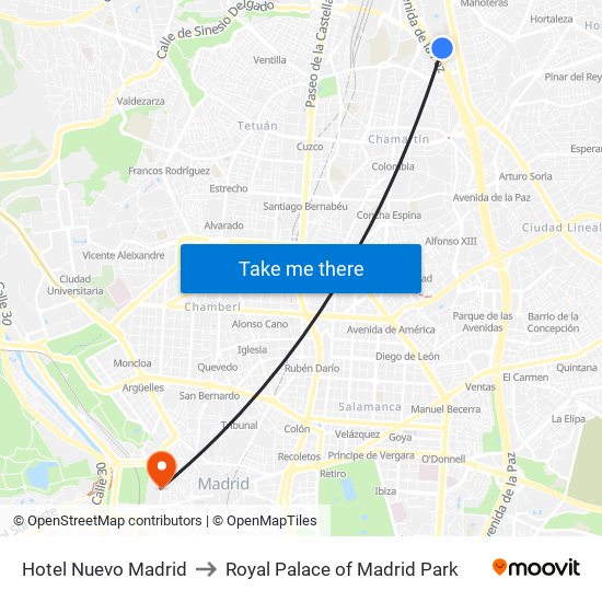 Hotel Nuevo Madrid to Royal Palace of Madrid Park map