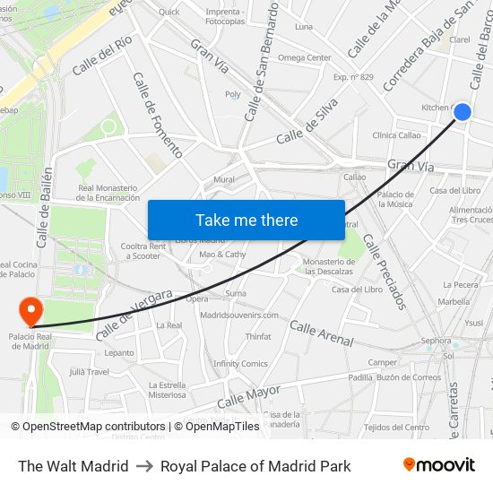 The Walt Madrid to Royal Palace of Madrid Park map