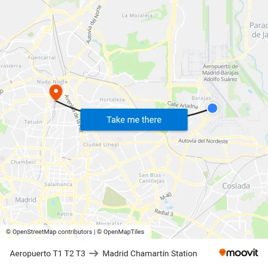 Aeropuerto T1 T2 T3 to Madrid Chamartín Station map