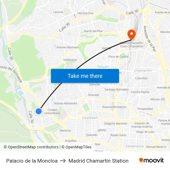 Palacio de la Moncloa to Madrid Chamartín Station map
