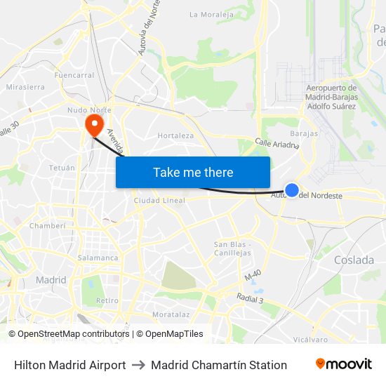 Hilton Madrid Airport to Madrid Chamartín Station map