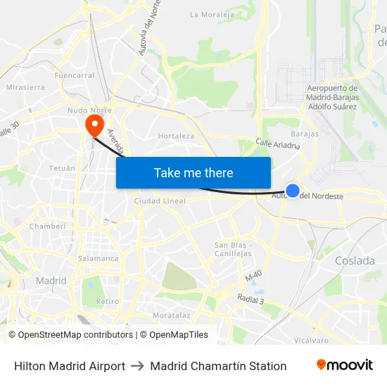 Hilton Madrid Airport to Madrid Chamartín Station map