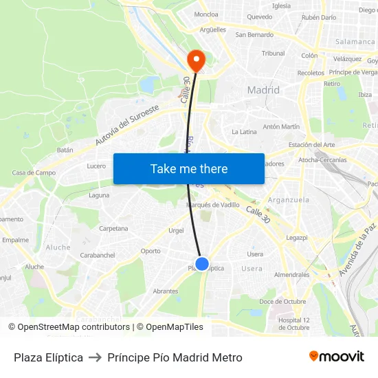 Plaza Elíptica to Príncipe Pío Madrid Metro map