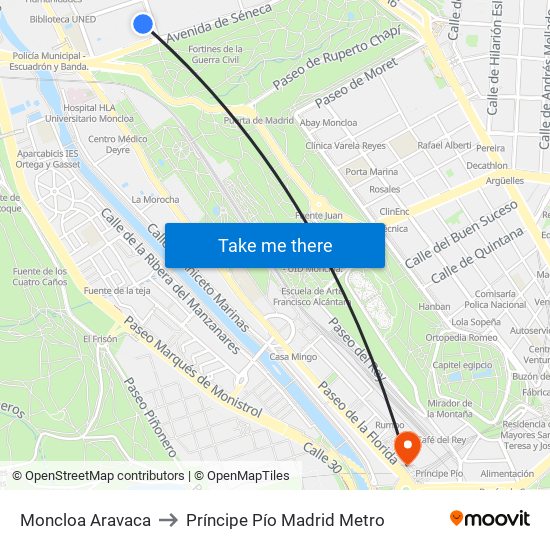 Moncloa Aravaca to Príncipe Pío Madrid Metro map
