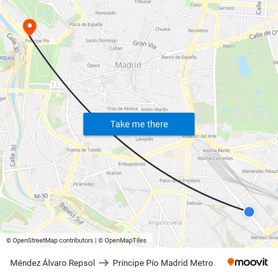 Méndez Álvaro Repsol to Príncipe Pío Madrid Metro map