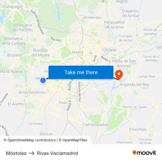 Móstoles to Rivas Vaciamadrid map