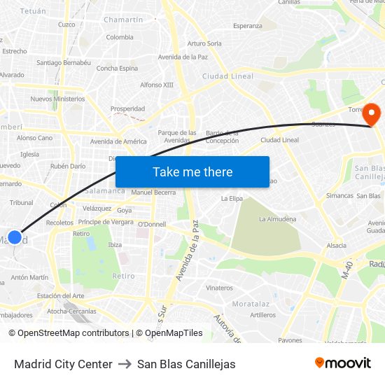 Madrid City Center to San Blas Canillejas map