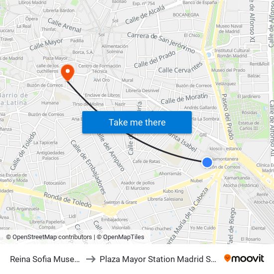 Reina Sofia Museum to Plaza Mayor Station Madrid Spain map