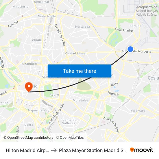 Hilton Madrid Airport to Plaza Mayor Station Madrid Spain map