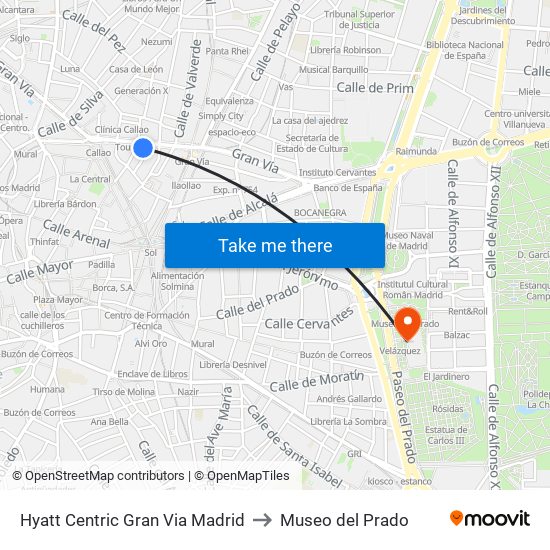 Hyatt Centric Gran Via Madrid to Museo del Prado map
