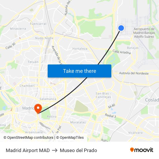 Madrid Airport MAD to Museo del Prado map