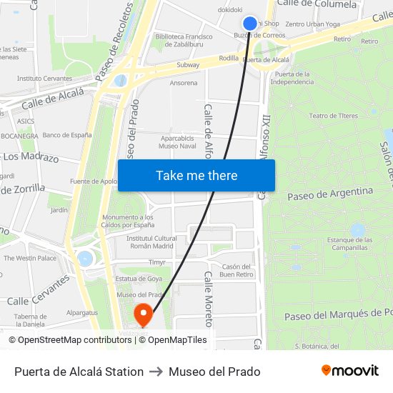 Puerta de Alcalá Station to Museo del Prado map