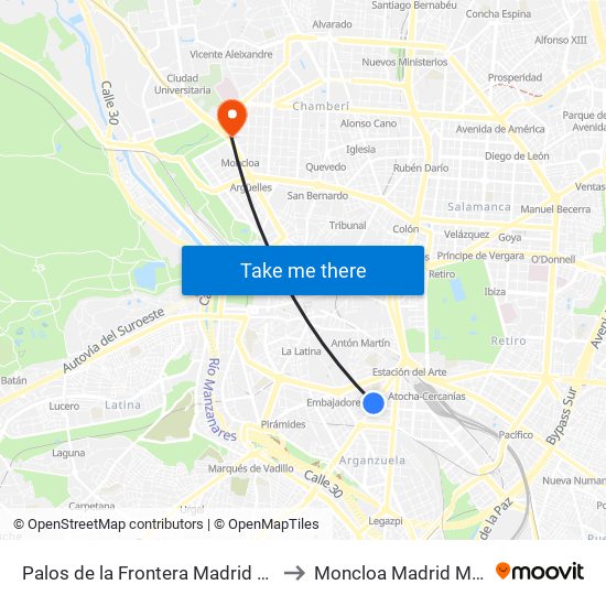 Palos de la Frontera Madrid Spain to Moncloa Madrid Metro map