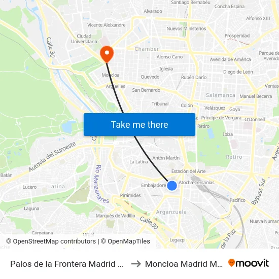 Palos de la Frontera Madrid Spain to Moncloa Madrid Metro map