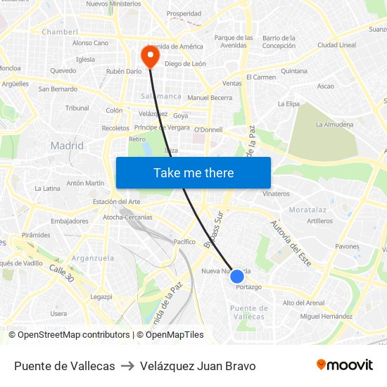 Puente de Vallecas to Velázquez Juan Bravo map