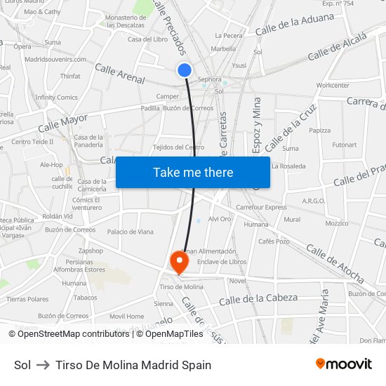 Sol to Tirso De Molina Madrid Spain map