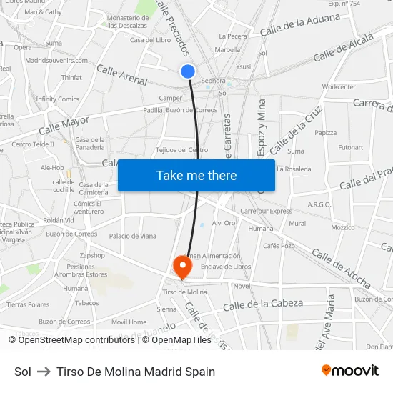 Sol to Tirso De Molina Madrid Spain map