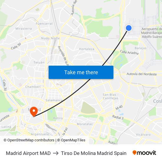 Madrid Airport MAD to Tirso De Molina Madrid Spain map