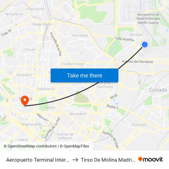 Aeropuerto Terminal Internacional to Tirso De Molina Madrid Spain map