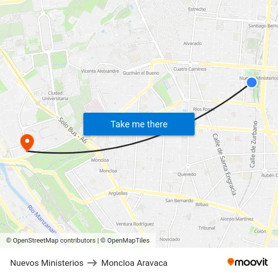 Nuevos Ministerios to Moncloa Aravaca map