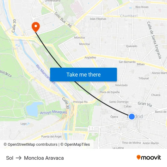 Sol to Moncloa Aravaca map