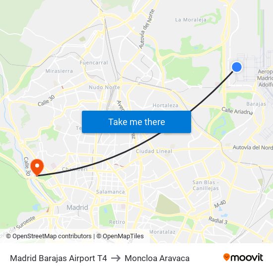 Madrid Barajas Airport T4 to Moncloa Aravaca map