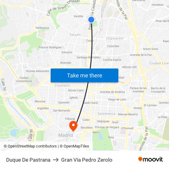 Duque De Pastrana to Gran Vía Pedro Zerolo map