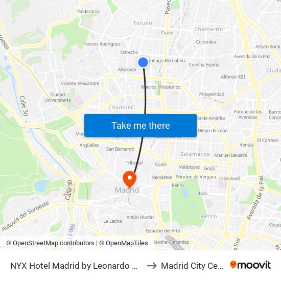 NYX Hotel Madrid by Leonardo Hotels to Madrid City Center map