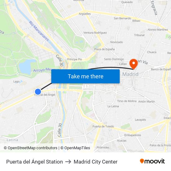 Puerta del Ángel Station to Madrid City Center map