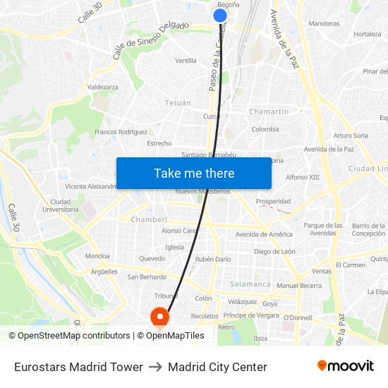 Eurostars Madrid Tower to Madrid City Center map