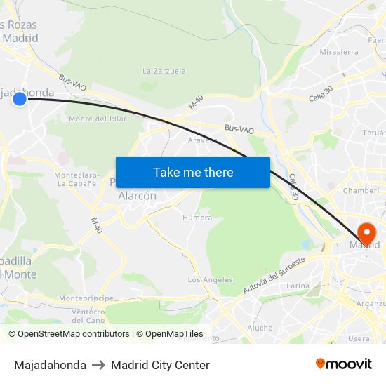 Majadahonda to Madrid City Center map