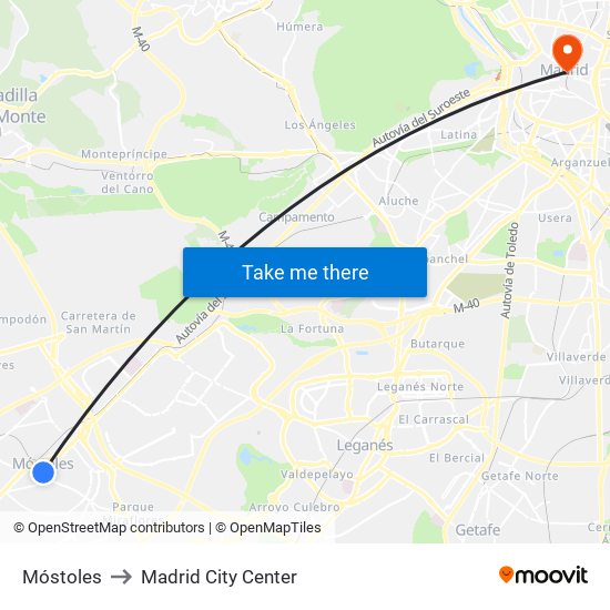 Móstoles to Madrid City Center map