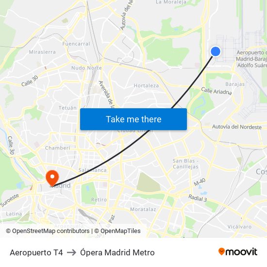 Aeropuerto T4 to Ópera Madrid Metro map