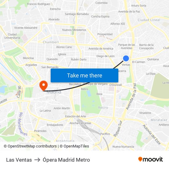 Las Ventas to Ópera Madrid Metro map