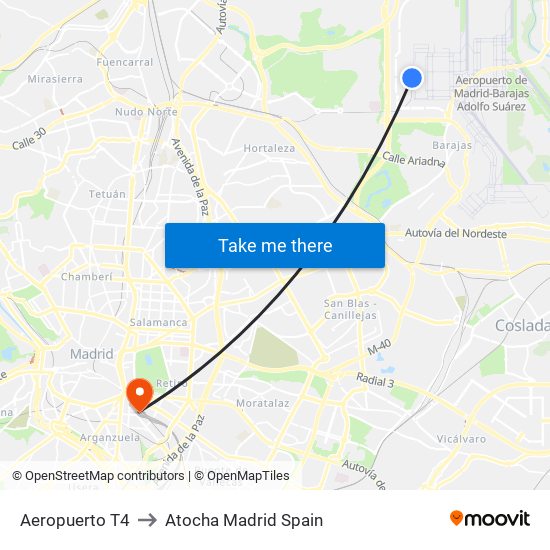 Aeropuerto T4 to Atocha Madrid Spain map